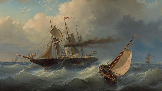 het raderstoomschip Arti et Amicitiae in de wending, 1850