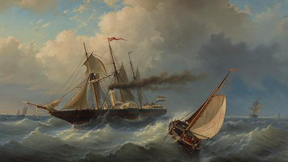 Het raderstoomschip Arti et Amicitiae in de wending, 1850