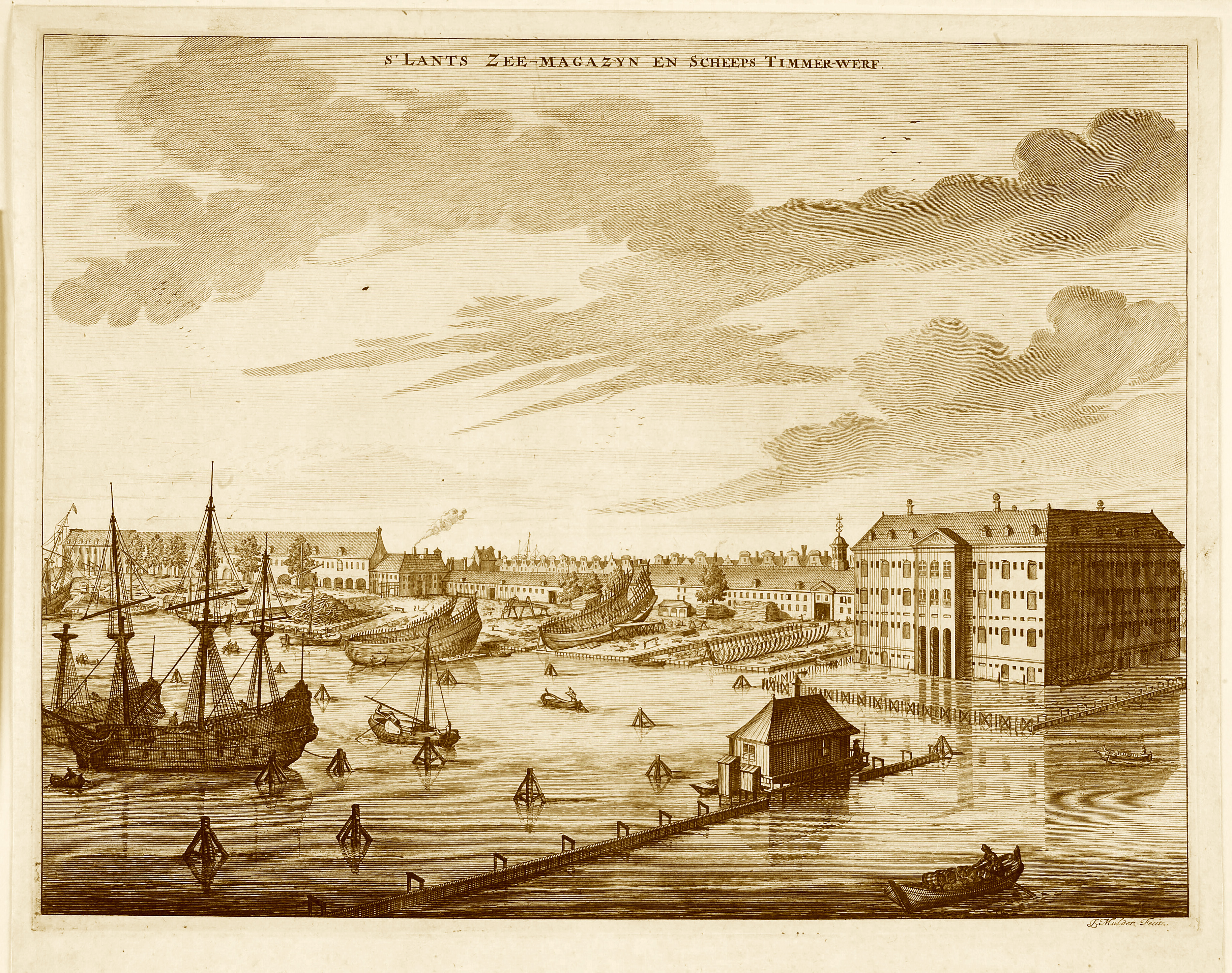 's Lands Zeemagazijn met de timmerwerf, 1700, Joseph Mulder